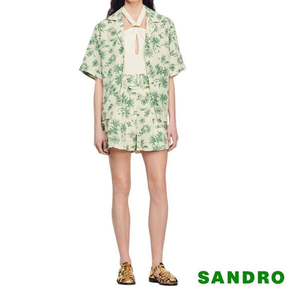 Sandro **NWT** Leman Loose Palm Tree Print Shorts in Ecru Green - Picture 8 of 10